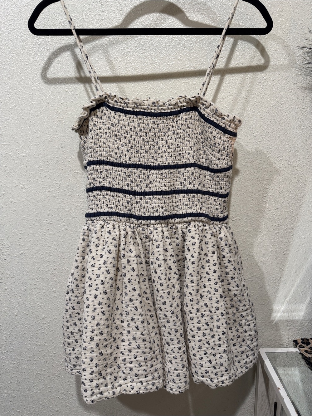 Smocked Cream Floral Mini Romper with Navy Trim